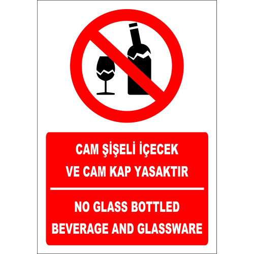 Turkish English Glass Bottled Drinks and Glass Containers Are Prohibited Sign Board Label EF2327