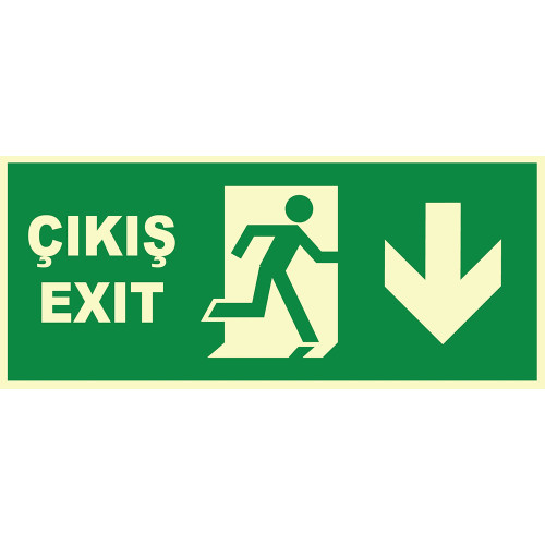 Turkish English Phosphorescent Emergency Exit Right Down Sign Board Label Symbol YT7672