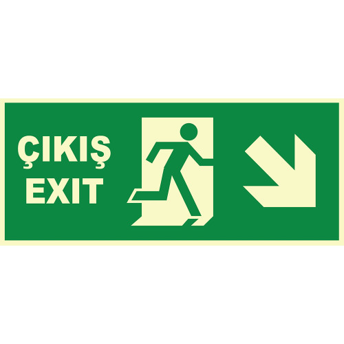 Turkish English Phosphorescent Emergency Exit Right Down Sign Board Label Symbol YT7673