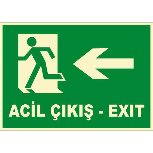 Turkish English Phosphorescent Emergency Exit Left Running Sign Board Sticker PF1780
