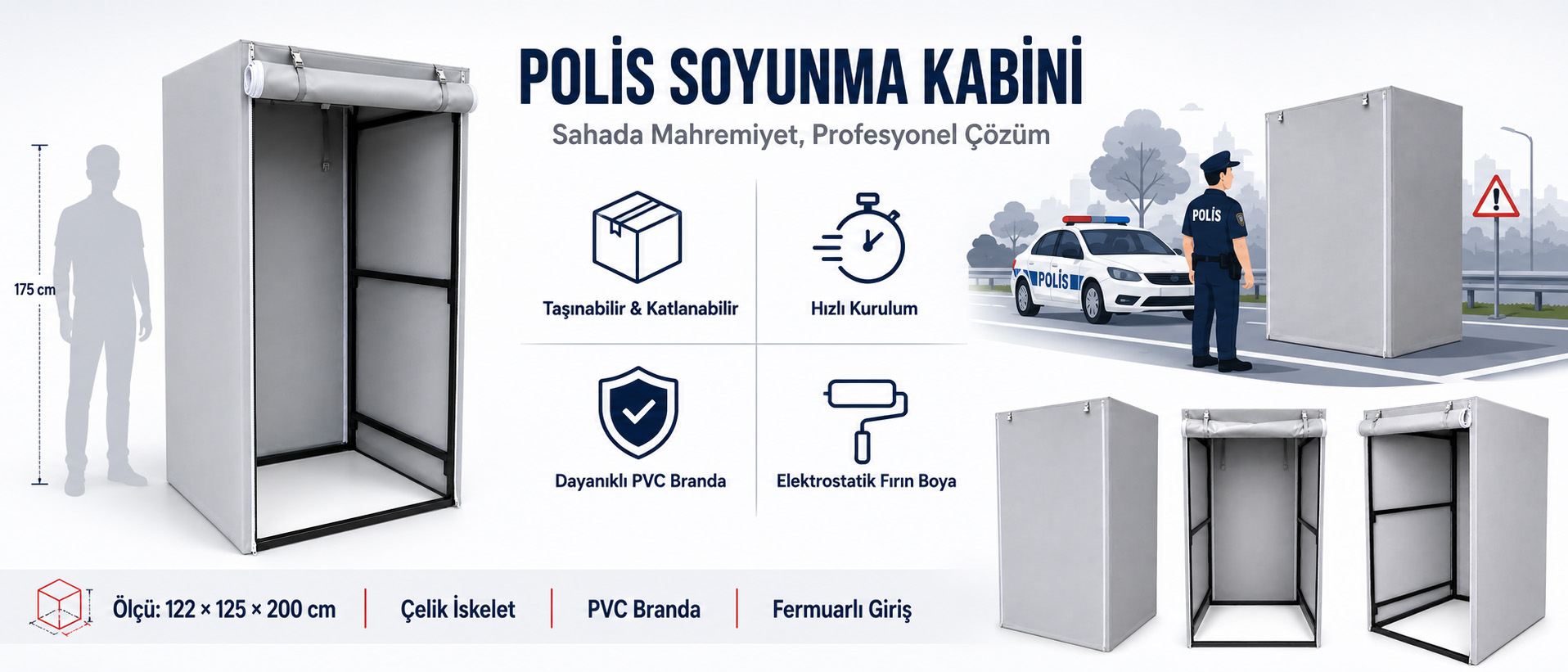 Polis Soyunma Kabini 122x125x200 cm Özellikleri ve Kullanım Alanları İnfografisi
